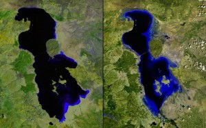 Озеро Урмия, Иран. Слева: 2000 год, справа: 2013 год